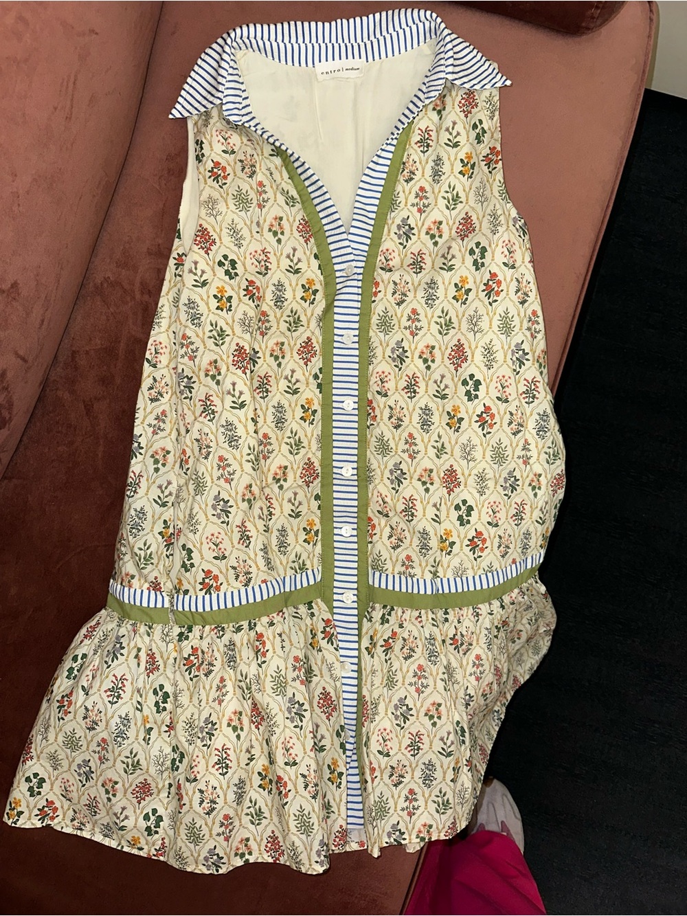Sleeveless Floral Button-Front Dress with Striped Trim. Entro. Medium.